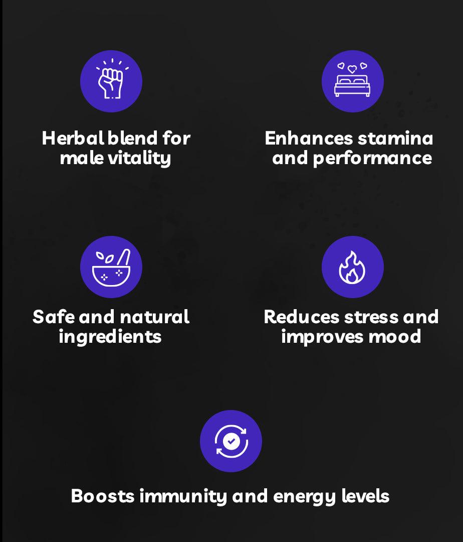 Herbal blend for Male Vitality, Enhance stamina and performance, Sade and natural ingredients, Reduces stress and improves mood, Boosts immunity and energy levels