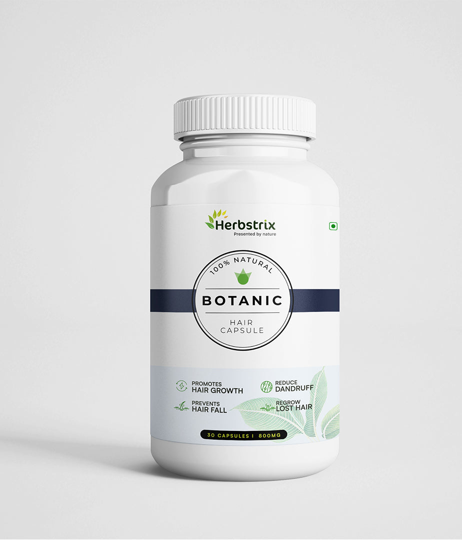 A bottle of Herbstrix Botanic Hair Capsule with a white label, indicating it is a natural hair supplement.